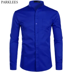 Camisas de vestir azules reales para hombre, camisa de manga larga con cuello mandarín, informal, con botones y bolsillo, 2XL, 2022