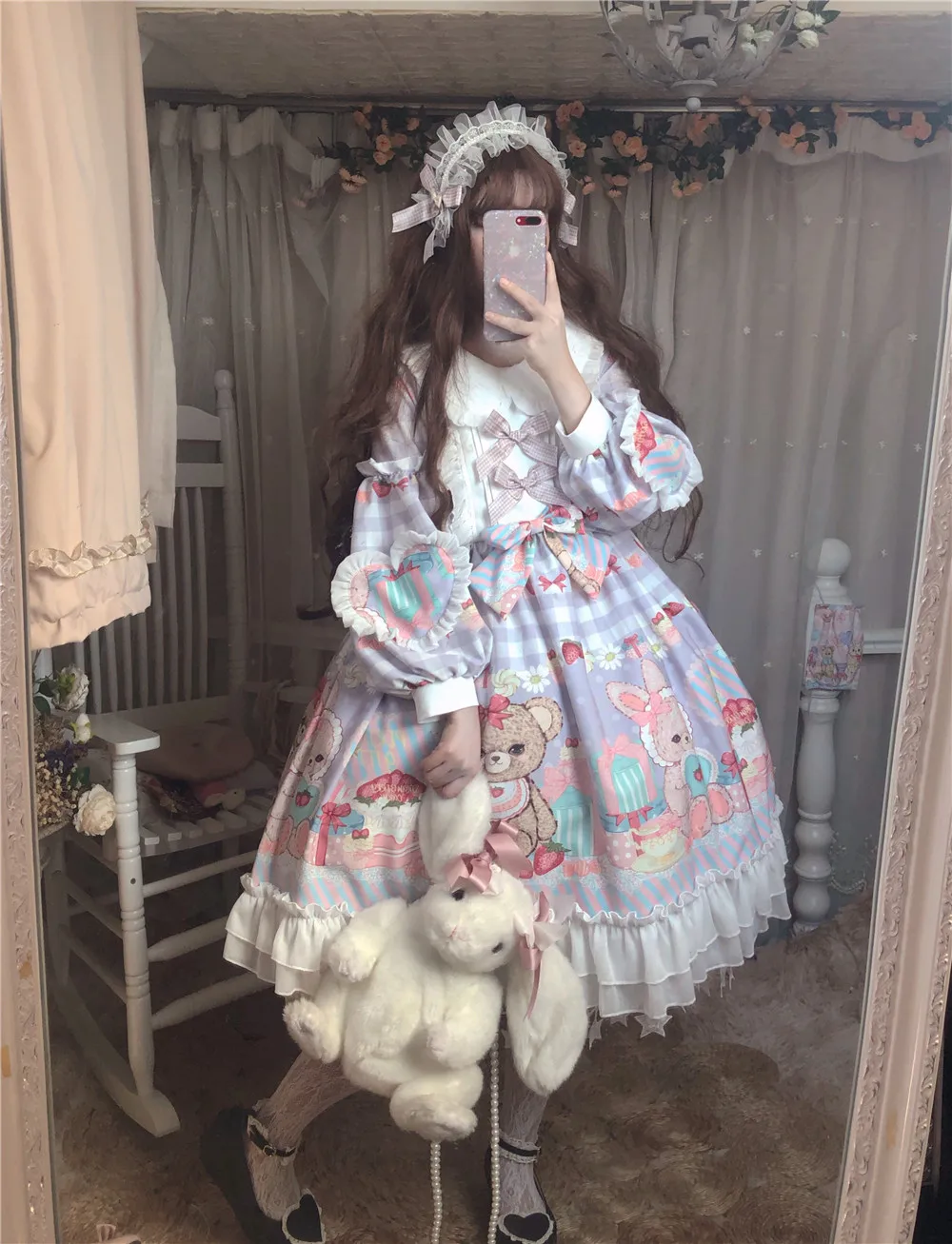 Kawaii สาว Gothic Lolita Op Loli COS เจ้าหญิง Tea Party Sweet Lolita VINTAGE ลูกไม้ bowknot น่ารักพิมพ์ชุดวิคตอเรีย