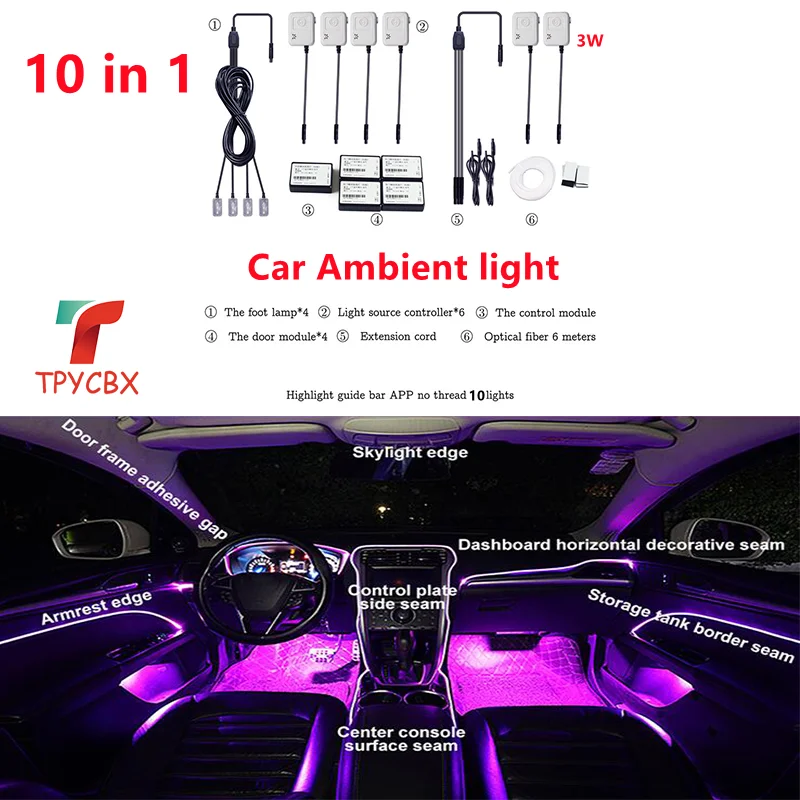 10 in 1 Universal car Ambient light without threading light guide car interior decoration light 64 color DIY atmosphere light