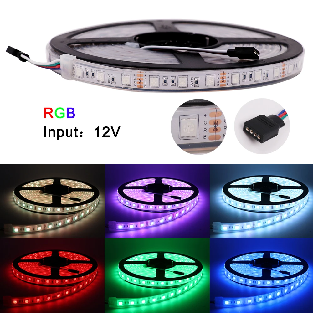 RGB LED Strip 12V 5050 IP20 IP65 IP67 Waterproof 60LEDs/m Flexible LED Light Tape Warm White /White/Red/Green/Blue 5m/lot