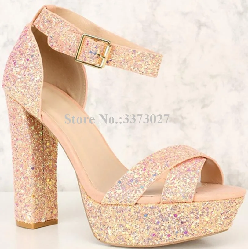 New Chunky Heel Bling Platform Sandals Lady Fashion Peep Toe Ankle Buckle Wedding Sandals Women Real Photos Party Sandals