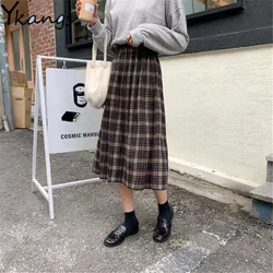 Woolen Winter Plus Size 3XL pleated plaid skirts Women Warm Vintage Long skirts Ladies Office Harajuku Midi skirts Streetwear