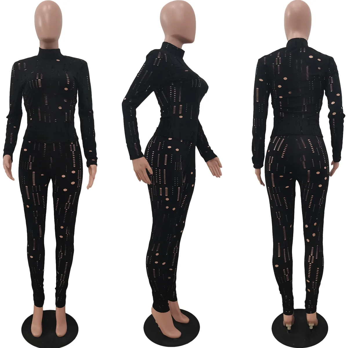 Irregular Hole Fall Trend Skinny Women Tracksuit Sexy Hollow Out Top T-Shirt + Slim Pencil Pants 2 Piece Matching Set Outfits