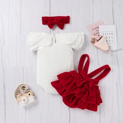 Conjunto de ropa para bebé y niña pequeña, Pelele de punto de manga corta con volantes, falda en capas con tirantes de terciopelo y Diadema, 0 a 24 meses