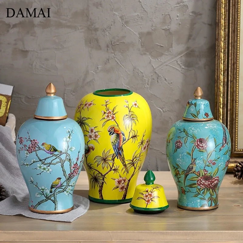 American Flowers Ceramic Storage Jar with Lid Decorative Vintage Painted Animal Decor Jar Living Room Decoration Vase Ornaments