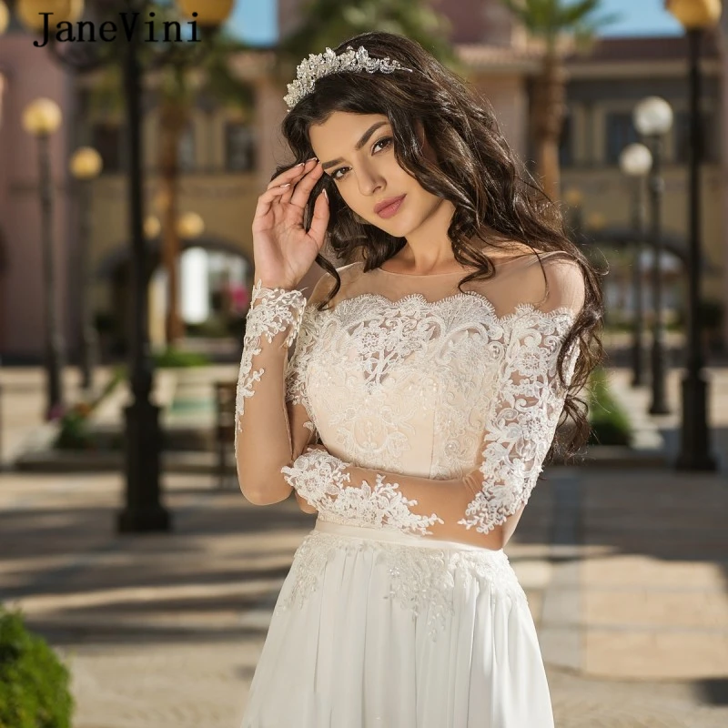 JaneVini Elegante Weiße Hochzeit Kleider mit Langen Ärmeln EINE Linie Spitze Appliques Perlen Chiffon Side Split Plus Größe Brautkleider