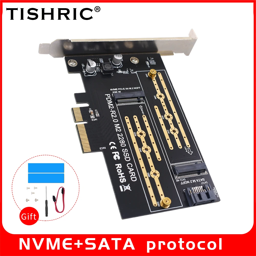 TISHRIC Dual interface Baffle NVME NGFF To PCIE 4x With M.2 SATA SSD Solid  Drive M/B Key interface Support 2230 2242 2260 2280