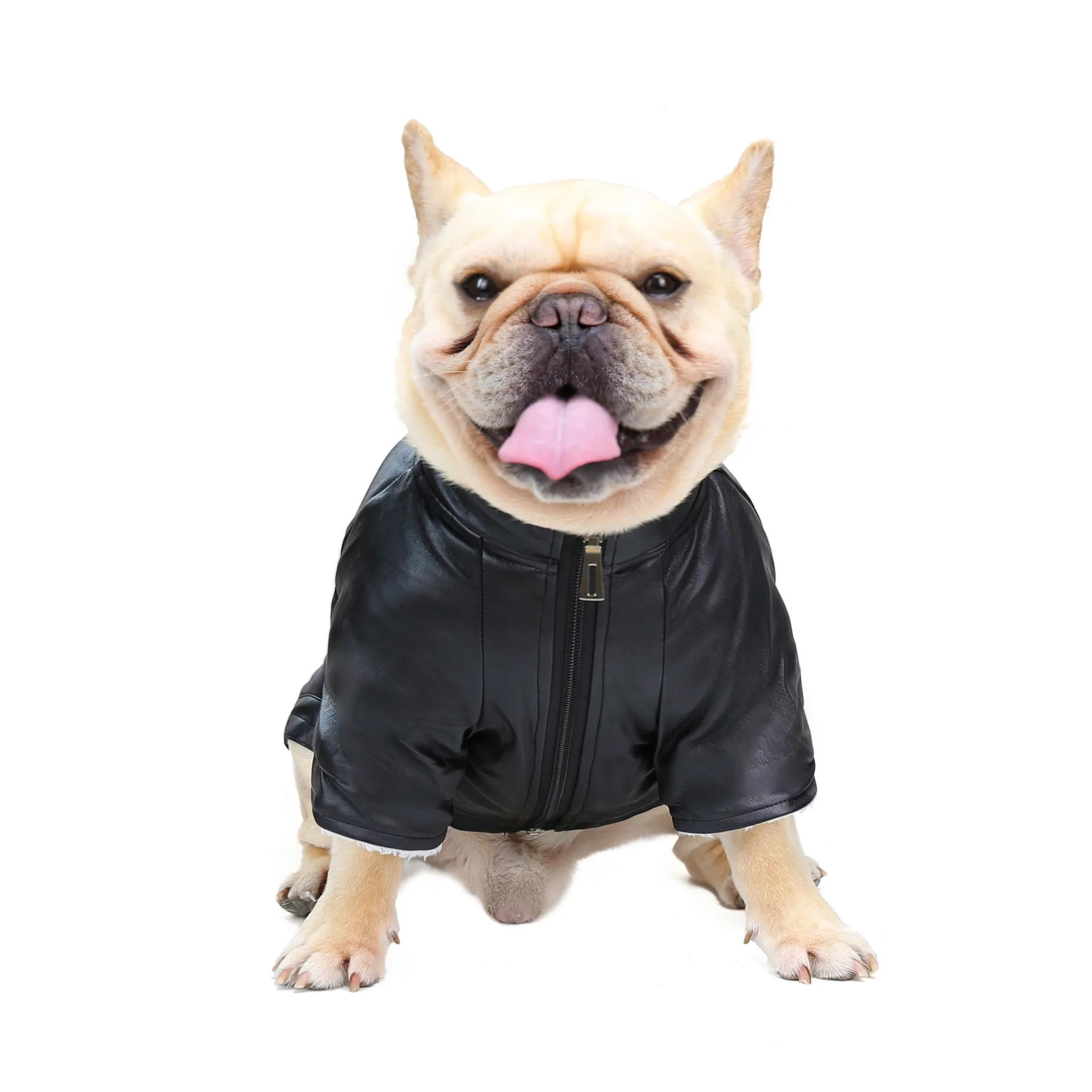 

Pet Clothes Thick British Style Simple Zipper Leather Jacket Thicken Warm Coat French Dog Clothes