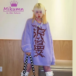 Japanese Women Sweater Harajuku Purple Long SLeeve Streetwear Knit Pullovers Autumn Winter Warm Punk Sweater Jumpers