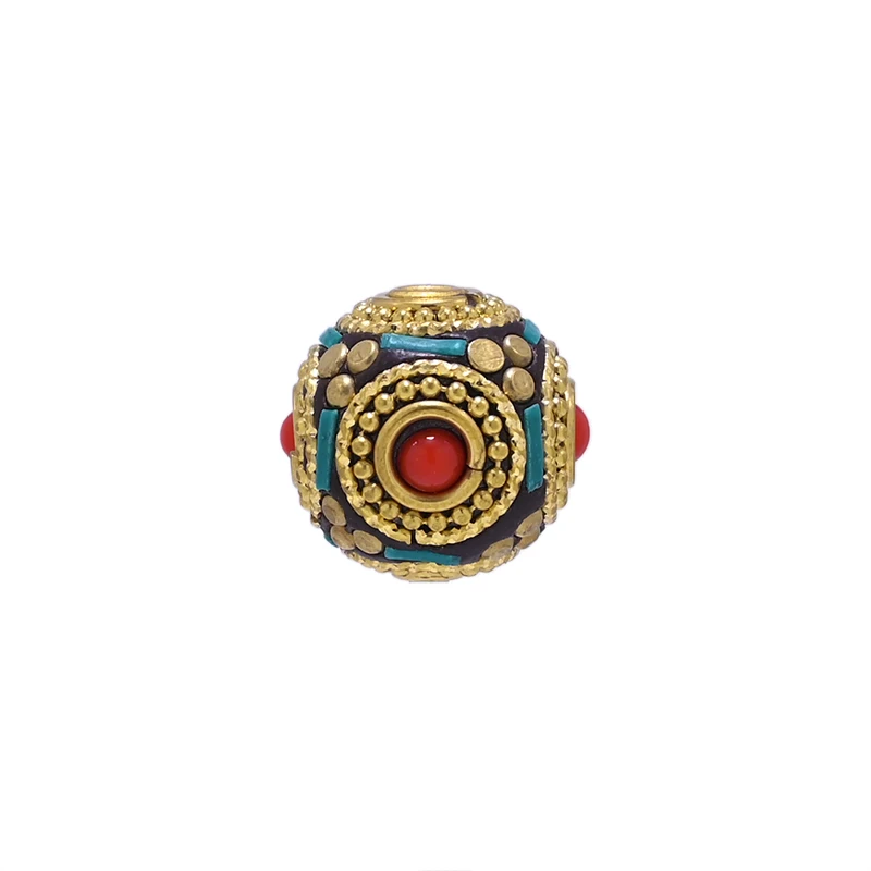 TZ-K08 Handmade Nepal Buddhist Tibetan Brass Craft Beads for Jewelry Making DIY Accessories Clay Inlaid Colorful Orb Bead