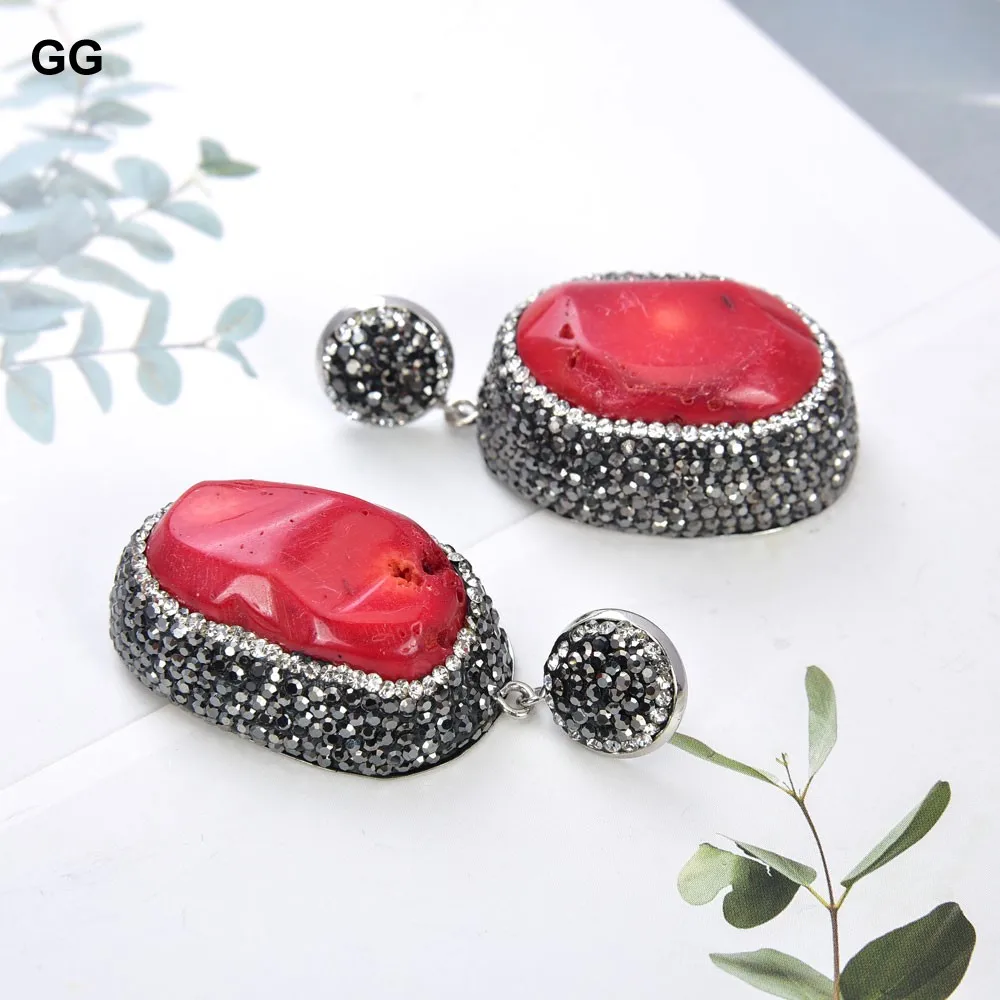 GG Natural Red Coral Nugget Trimmed With Marcasite Crystal Dangle Earrings