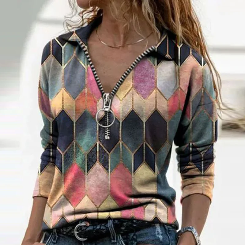 Women Long Sleeve V Neck Geometric Print Blouse Vintage Loose Polo Shirt Y2K Harajuku Oversize Tops Elegant Zip Sweatshirt Tunic