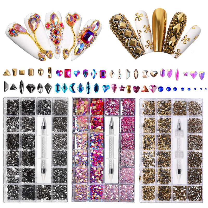 

3100 Pcs Various Shapes Crystal AB Nail Rhinestones Set Multi Size Diamond Nail Art Decoration With Pick Up Pen In 21 Grids Box