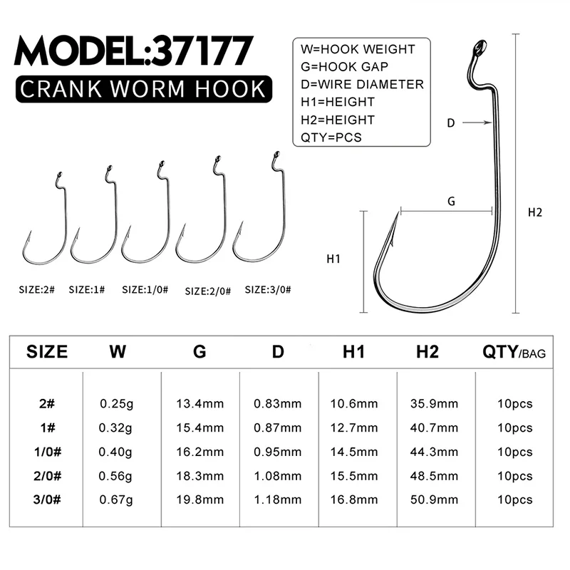 PROBEROS Wide Crank Worm Fishing Hooks 8#-5/0# Carbon Steel Carp Fishhooks For Soft Worm Lure Bass Barbed Single Fishing Hooks