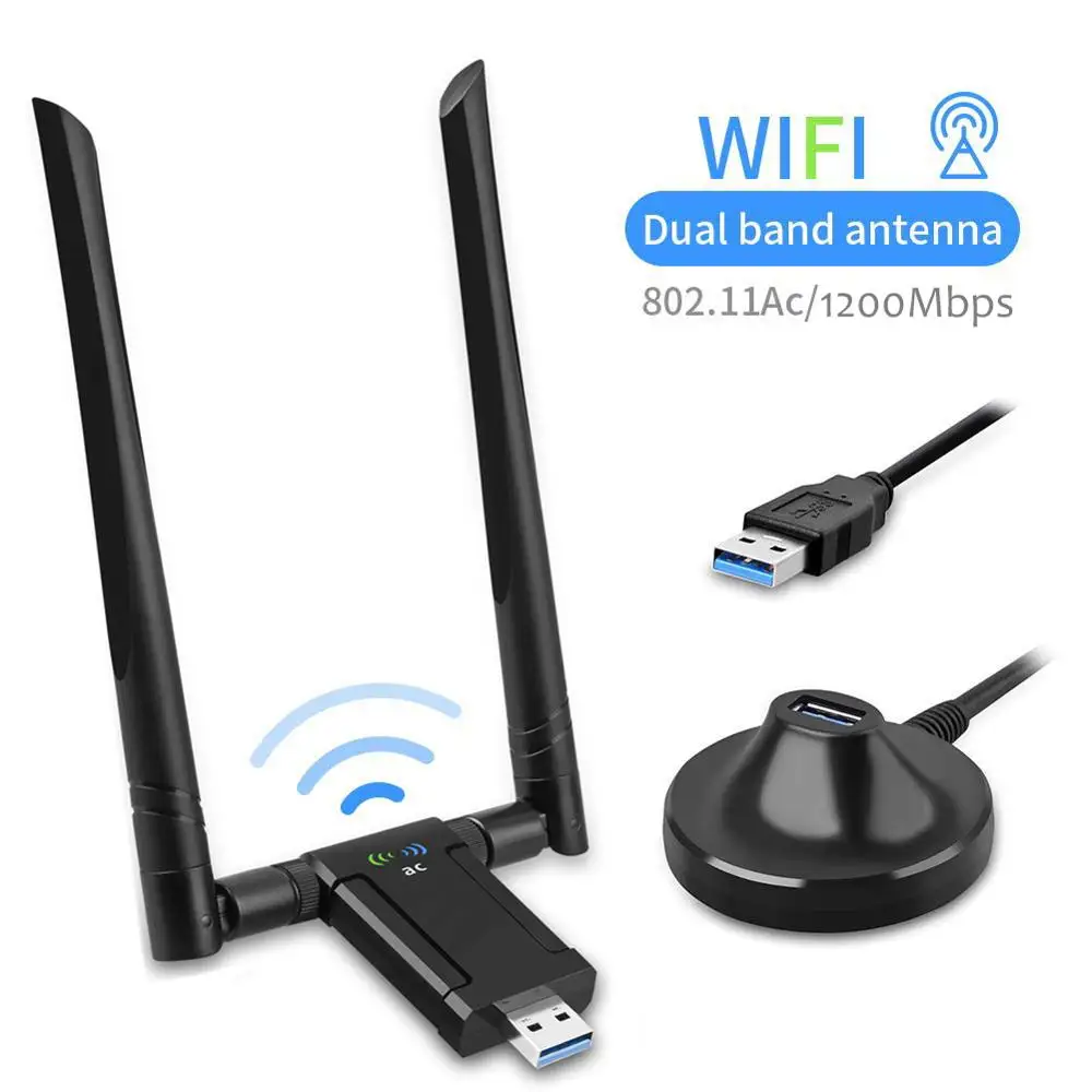 

1200Mbps Wireless USB Network Card USB3.0 Dual Band 2.4G/5.8G Wifi Receiver Adapter for PC with 2 Antennas