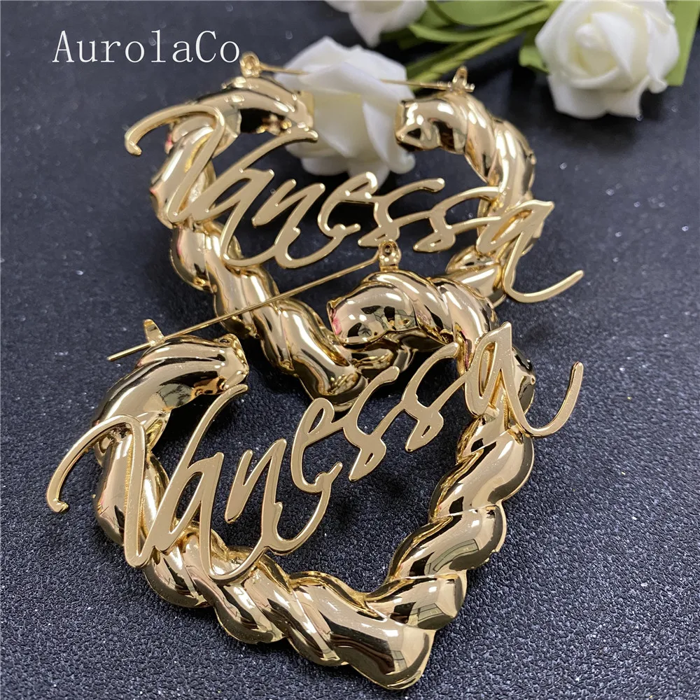 AurolaCo 60MM Custom Love shape Bamboo Earrings Stainless Steel Custom Name Earring Custom Hip hop Bamboo Earring for Women Gift