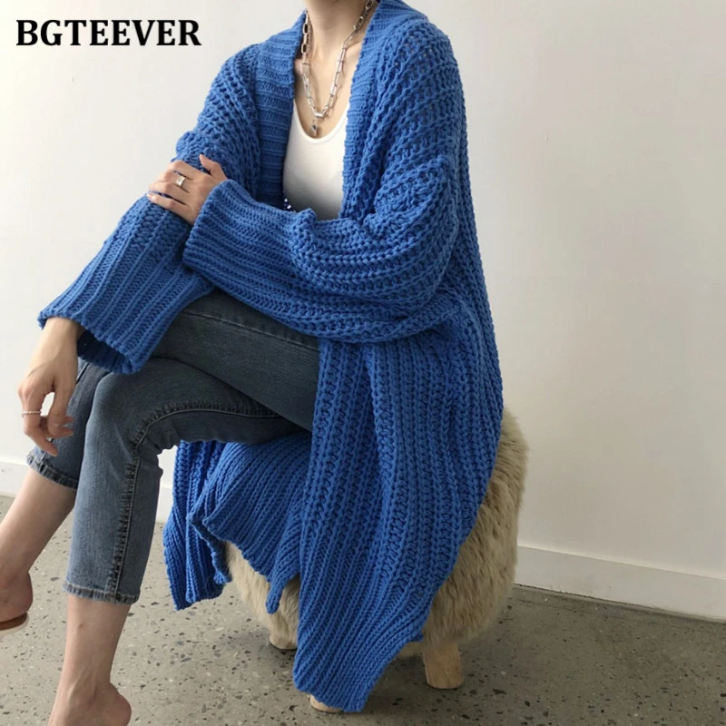 

BGTEEVER Casual Oversized Side Split Women Cardigans 2021 Autumn Winter Knitted Jacket Loose Long Female Open Stitch Sweater