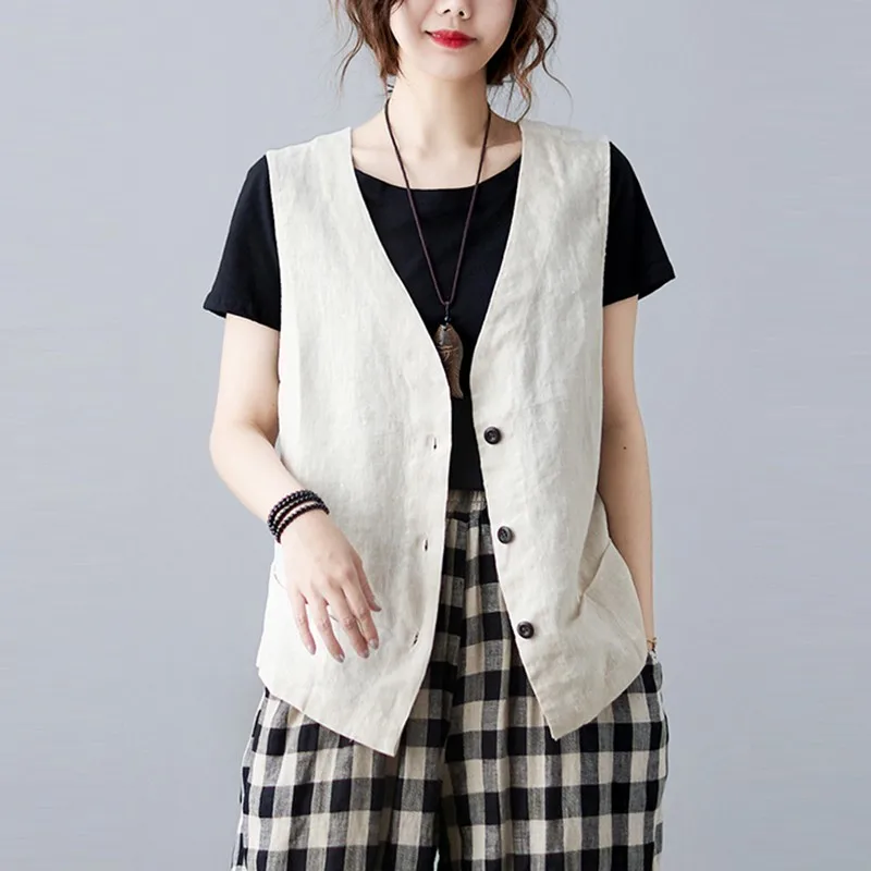 Women Cotton Linen Casual Vests Jackets New Arrival 2021 Summer Vintage Style V-neck Solid Color Loose Female Vest Coats B267