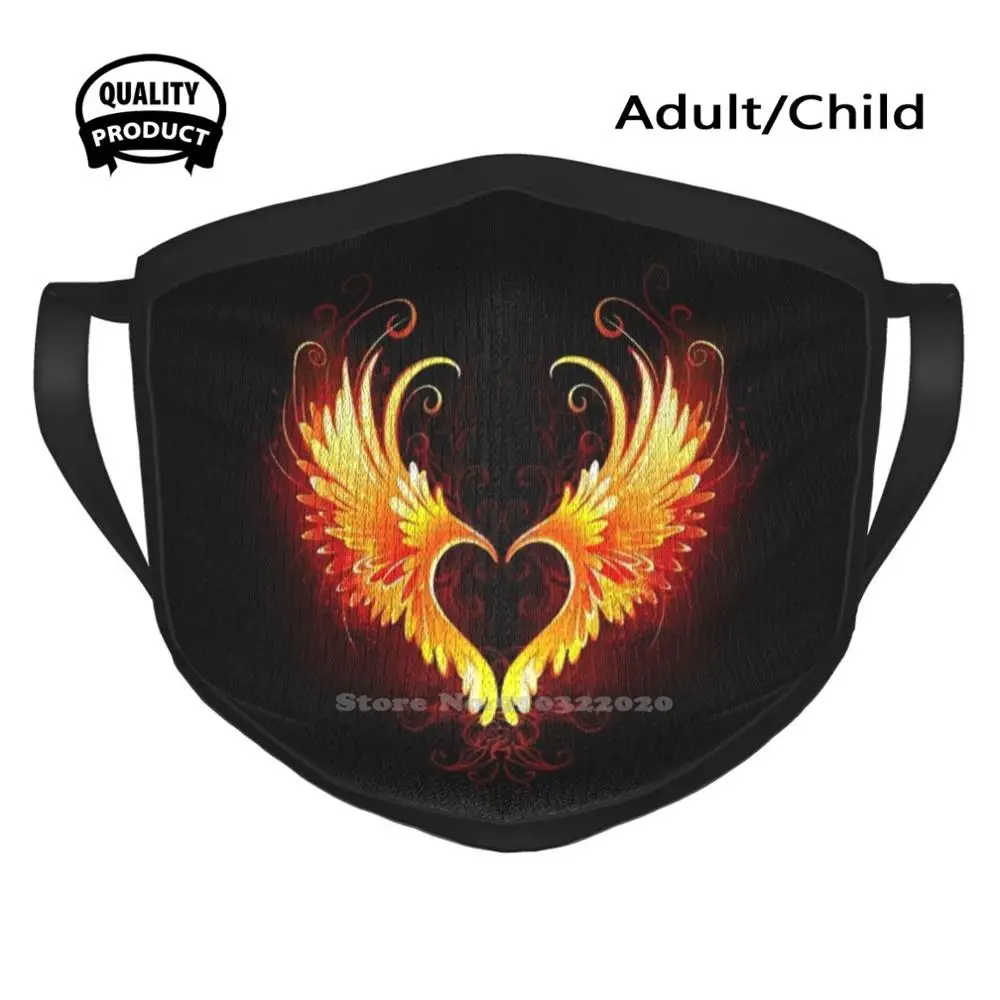 Angel Fire Heart With Designer Black Breathable Reusable Mouth Mask Fire Heart Fire Fire Red Black Background Winged Glow In