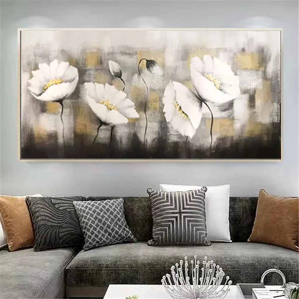 100% Hand Painted Flower Oil Painting On Off-white tones Canvas Wall Art Abstract Gold Wall Painting Retro Decor for living room