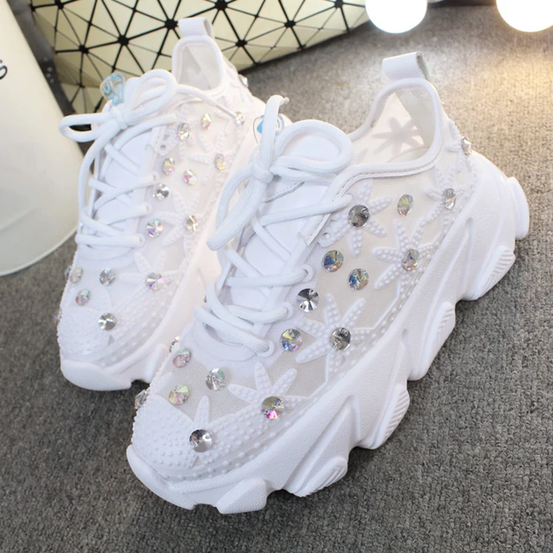 2021 Rhinestone Wedge Sneakers Women Trainers Dames Chunky  Platform  White  Casual Shoes Woman chaussures femme