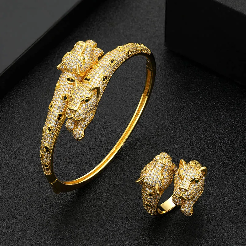 Zlxgirl jewelry 2021 New arrival two leopard head animal bangle and ring jewelry brand Zirconia cooper wedding bracelet rings