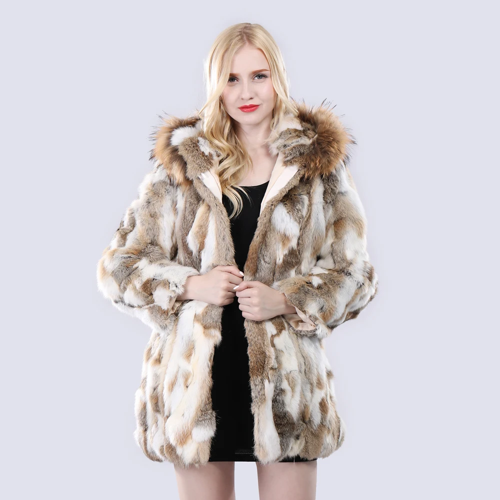 Lady Winter Hooded Real Fur Coat Natural Warm Rabbit Fur Jacket With Raccoon Fur Collar Women 100% Genuine Rabbit Fur Outerwear