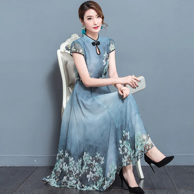 

Женское винтажное платье с цветочным принтом, синее шифоновое платье большого размера, FYY526