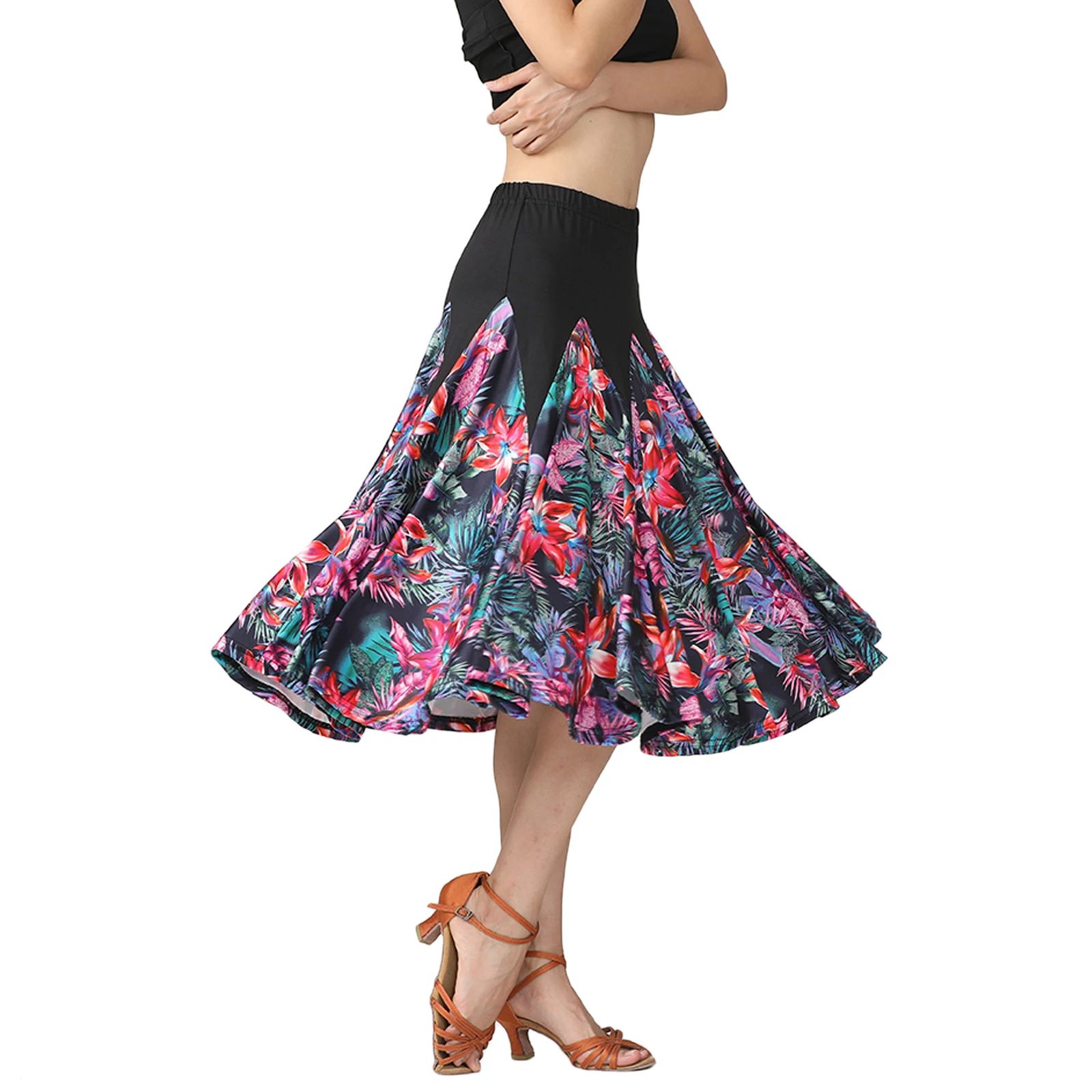 Elegant Womens Latin Ballroom Long Swing Dancing Skirt Dance Party Floral Tango Waltz Skirt Cha Cha Dress Lady Fashion Costumes