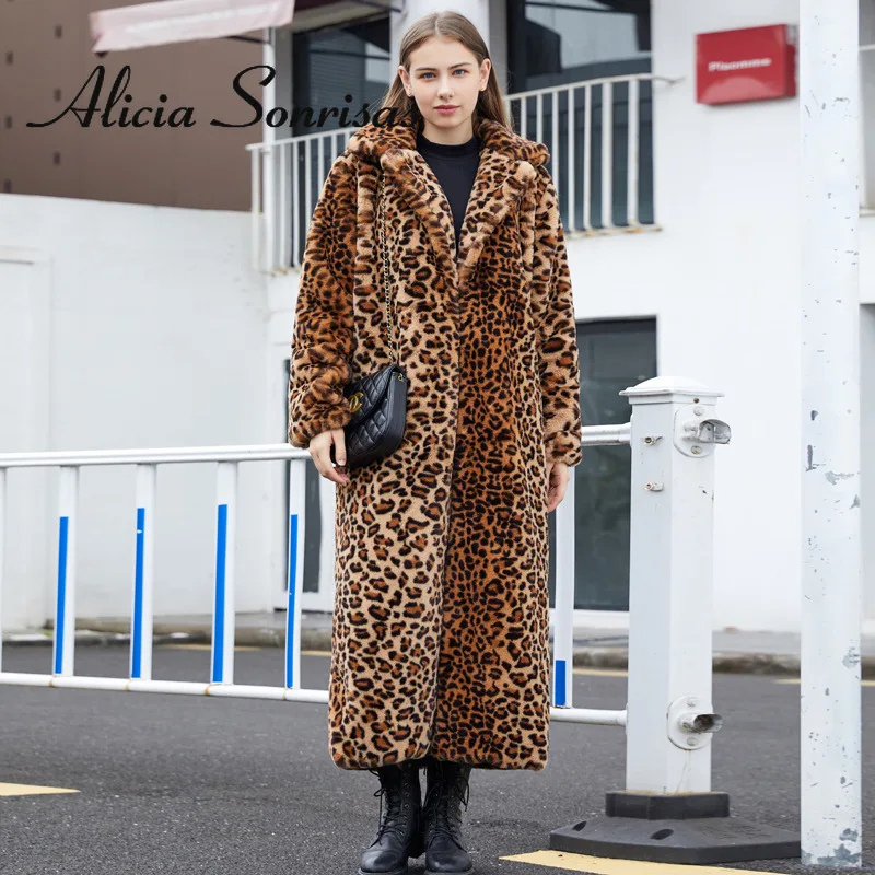 2022 Winter Women\'s Faux Fur Leopard Print Rabbit Tailored Collar Warm Thick X-Long Coat Long Sleeve Hipster Jacket Feminino