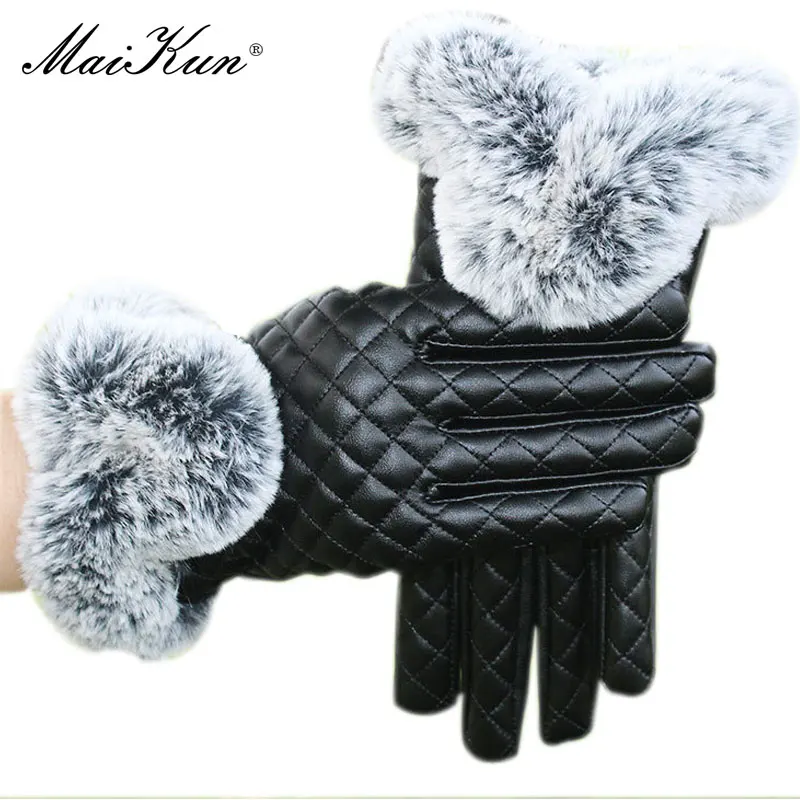 Maikun-guantes de cuero PU de gran tamaño para mujer, guantes de cuero sintético, de color Rex, enrejado de diamante británico, engrosamiento,