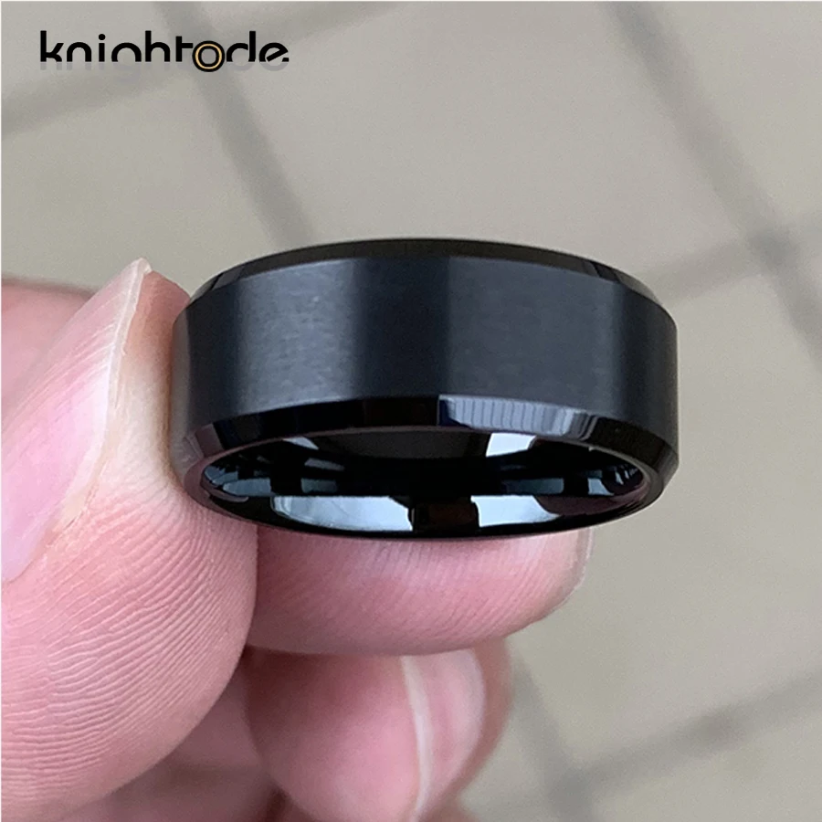 8mm Tungsten Black Ring Engagement Wedding Bands Men Jewelry Matted Beveled Edges Comfort Fit