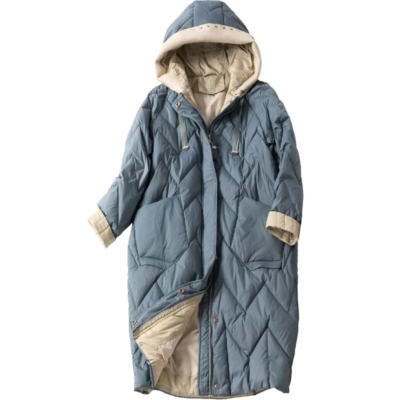 Sanishroly 2020 Women Knitted Patchwork Hooded Coat Warm Thicken White Duck Down Jacket Parka Female Long Winter Outwears SE1030