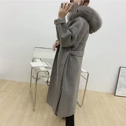 Cashmere Woolen Women Plus Size Coat Long Sleeve Real Fox Fur Hooded Loose Casual Jacket Double-Sided Wool Oversize Overcoat