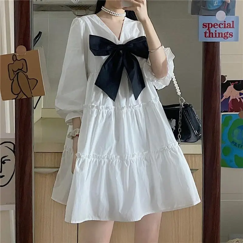 HOUZHOU White Dress Women Kawaii Bow Mini Dresses Summer Preppy Style Cute Harajuku Vintage Outfits Oversize Streetwear