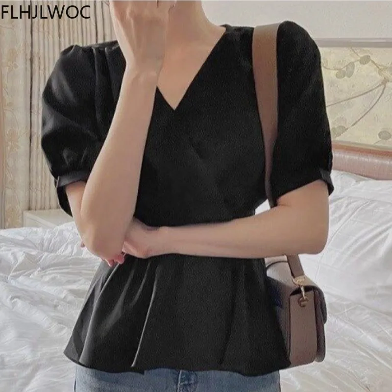 Korea Chic Tops Blusas Women Fashion Flhjlwoc Slim Belly Peplum Design Ruffled V Neck Peplum Solid Black White Blouse