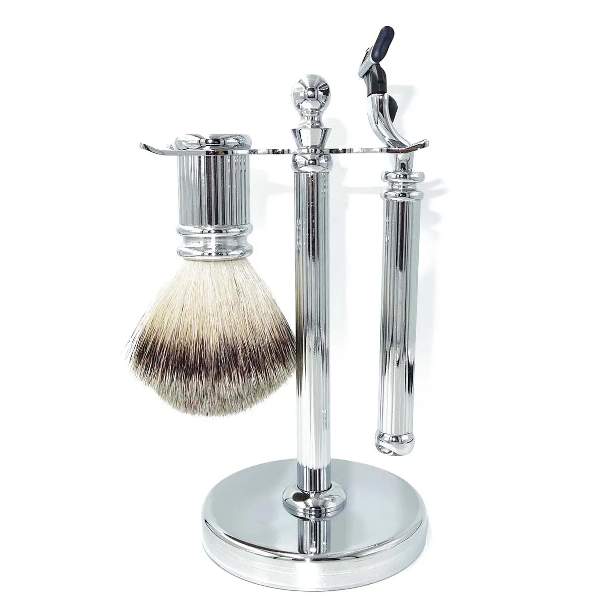 Men Barber Tools Razor Gift Set with 3 Blade Design and Silvertip Pure Badger Hair Shaving Stand Holder