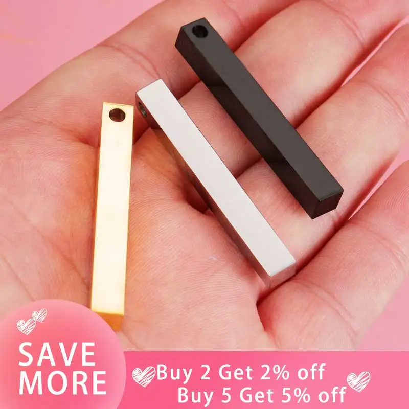 Fnixtar 20Pcs/Lot 6*45mm Stainless Steel 3D Gold Steel Color Stamping Bar Blank Long Square Bar Pendant Charms DIY Jewelry