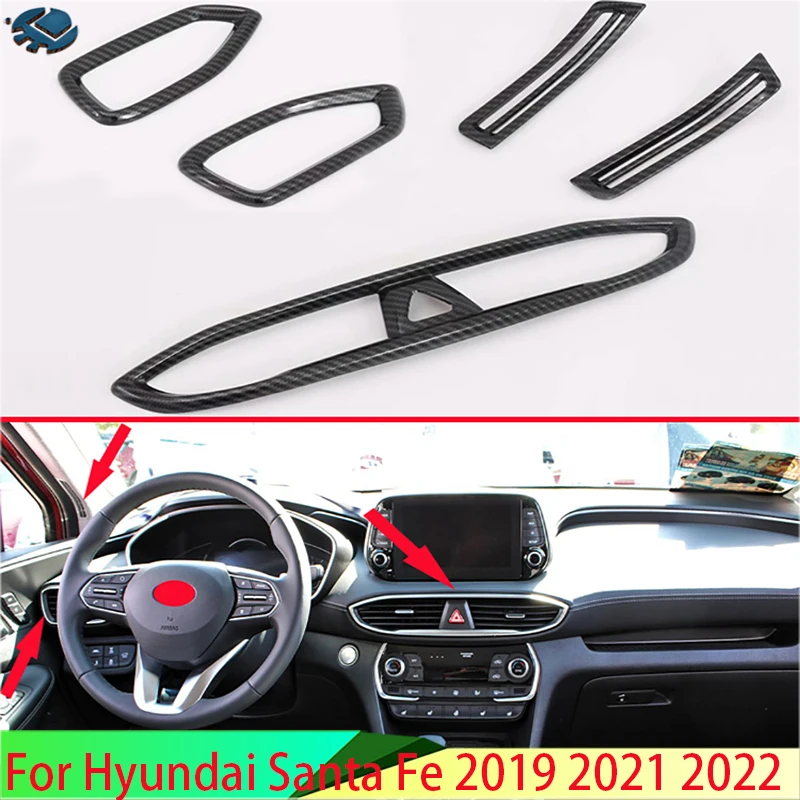 For Hyundai Santa Fe 2019-2022 Car Accessories Carbon Fiber Style Air Vent Outlet Cover Dashboard Trim Bezel Frame Molding