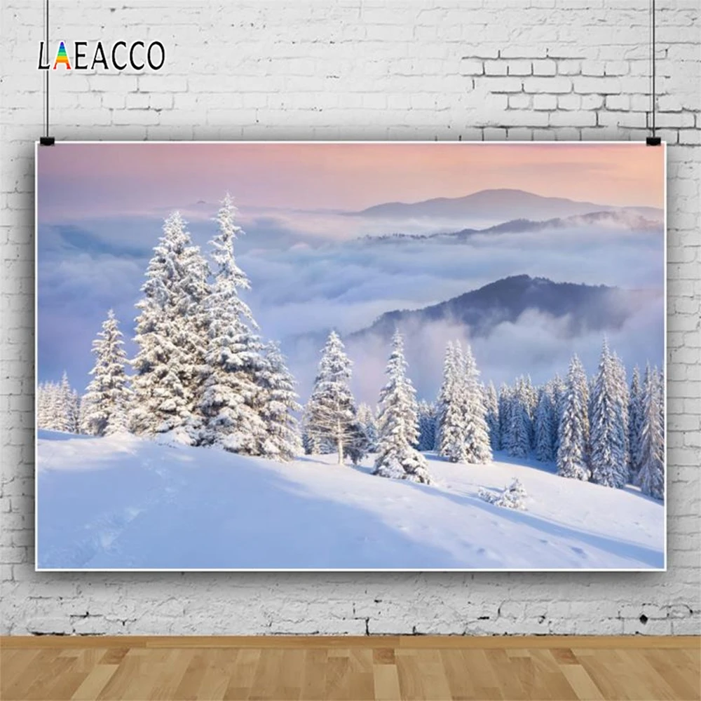 Fondos de fotografía de paisaje de invierno, Montañas nubladas, árboles de pino, nieve blanca, retrato de bebé, estudio fotográfico