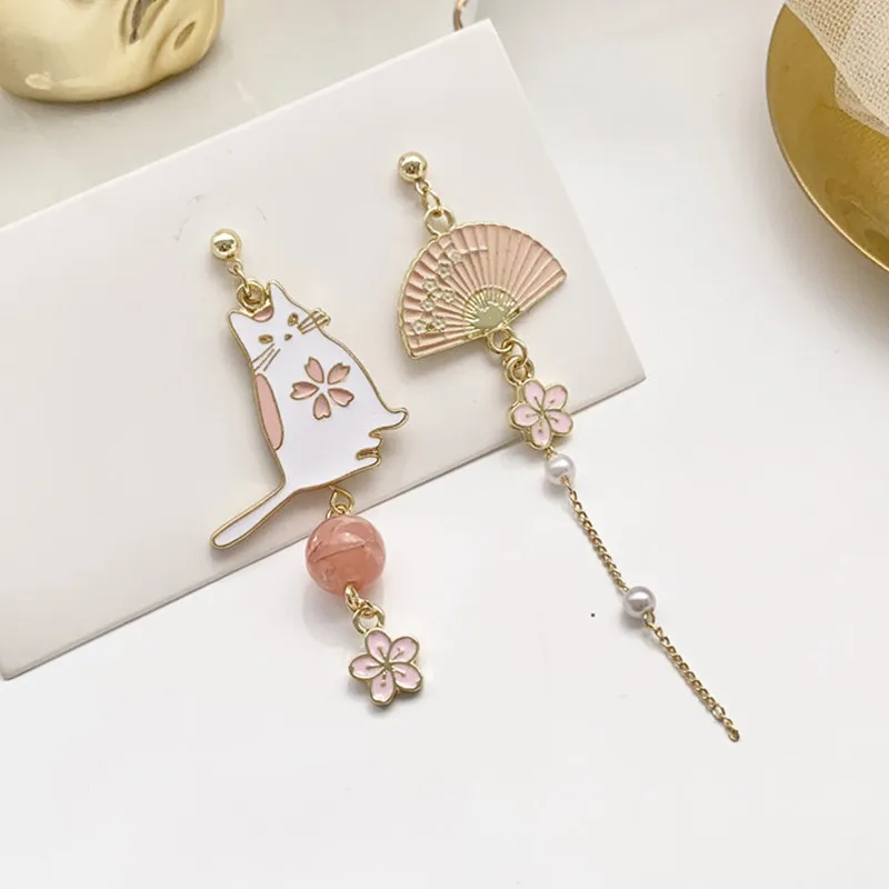 Chinese Style Folding Fan Crane Carp Lotus Asymmetrical Long Tassel Dangle National Style Earrings for Women Jewelry Gift