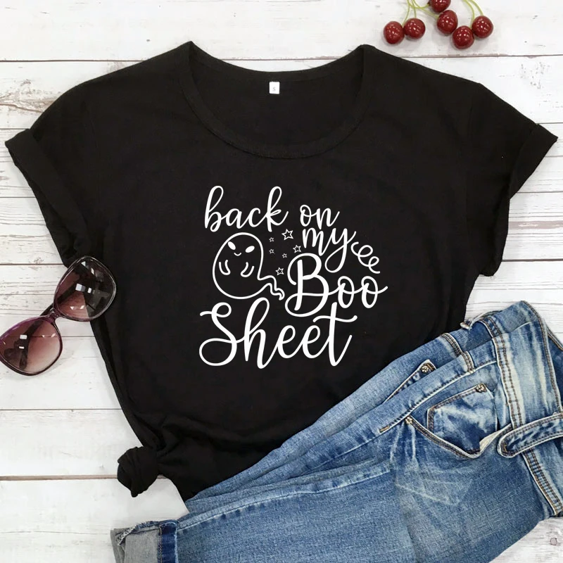 Funny Women Short Sleeve Autumn Holiday Party Tshirt Back On My Boo Sheet T-shirt Cute Halloween Ghost Graphic Tee Shirt Top