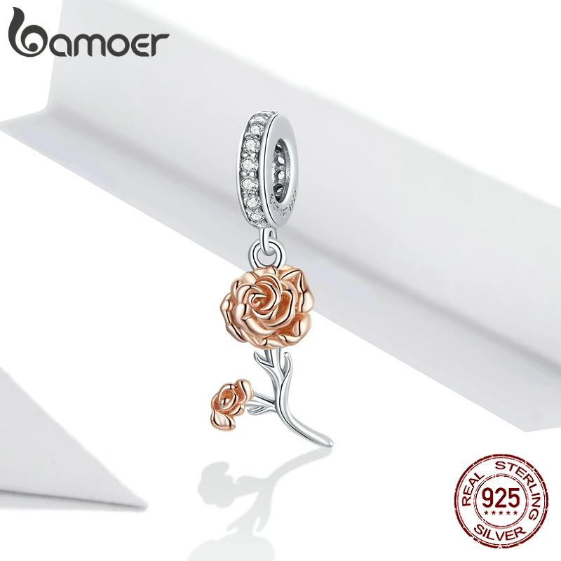 bamoer 925 Sterling Silver Rose Gold Carnation Pendant CZ Flower Charm for Original Bracelet Bangle Mother's Day Gift BSC422