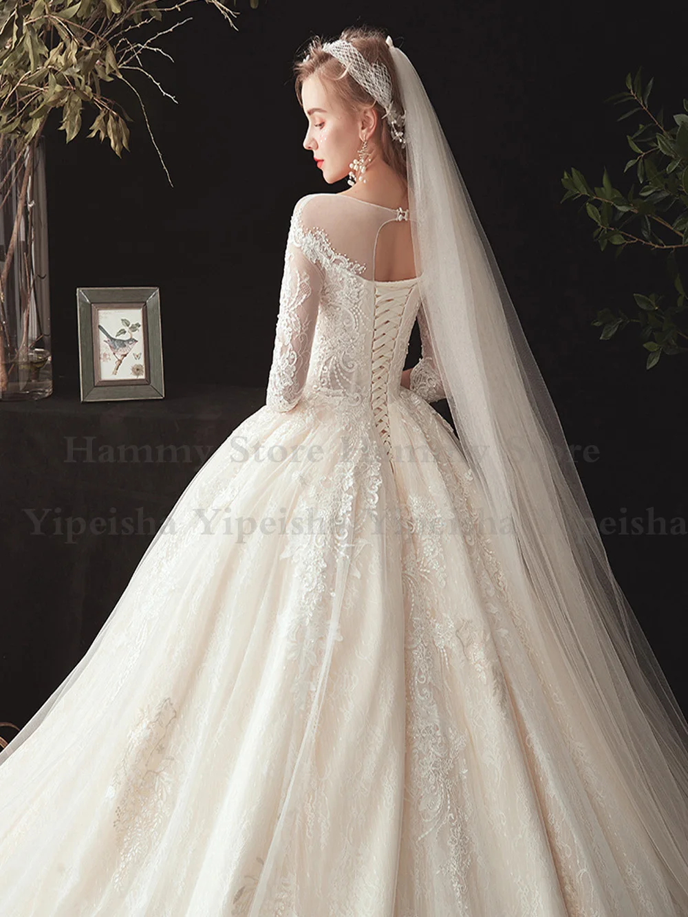 Luxury Lace Wedding Dresses 2022 Long Sleeves O Neck Beads Pearls Ball Gown Bride  Court Train Exquisite Bridal Gowns