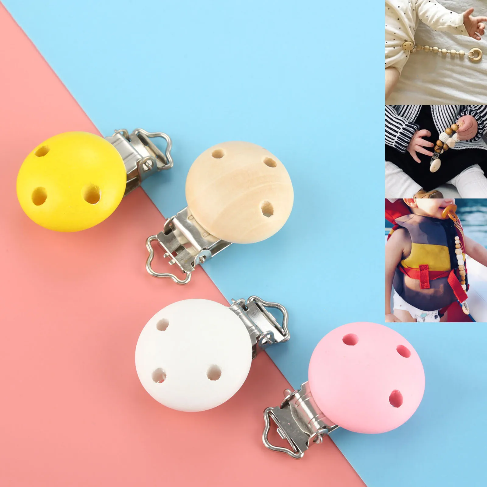 5pcs/set Natural Wooden Baby Pacifier Clips Wood White Pink Yellow Hole 4mm Infant Dummy Clips for Baby Holders 4.4*2.9cm