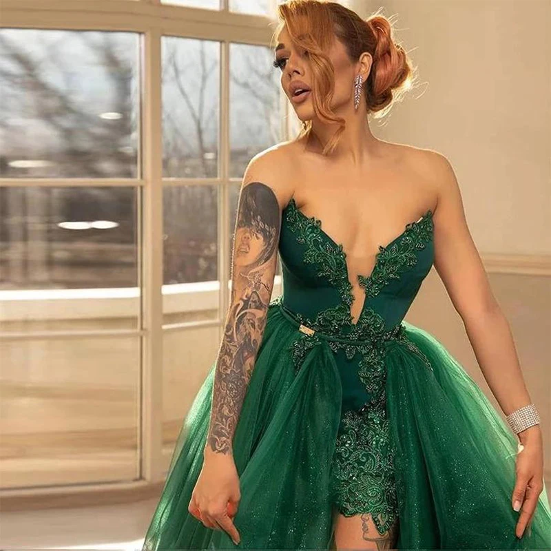 SoDigne-vestido de noche de encaje verde brillante, apliques de tren desmontables, tul sin tirantes, vestidos de fiesta de graduación, 2022