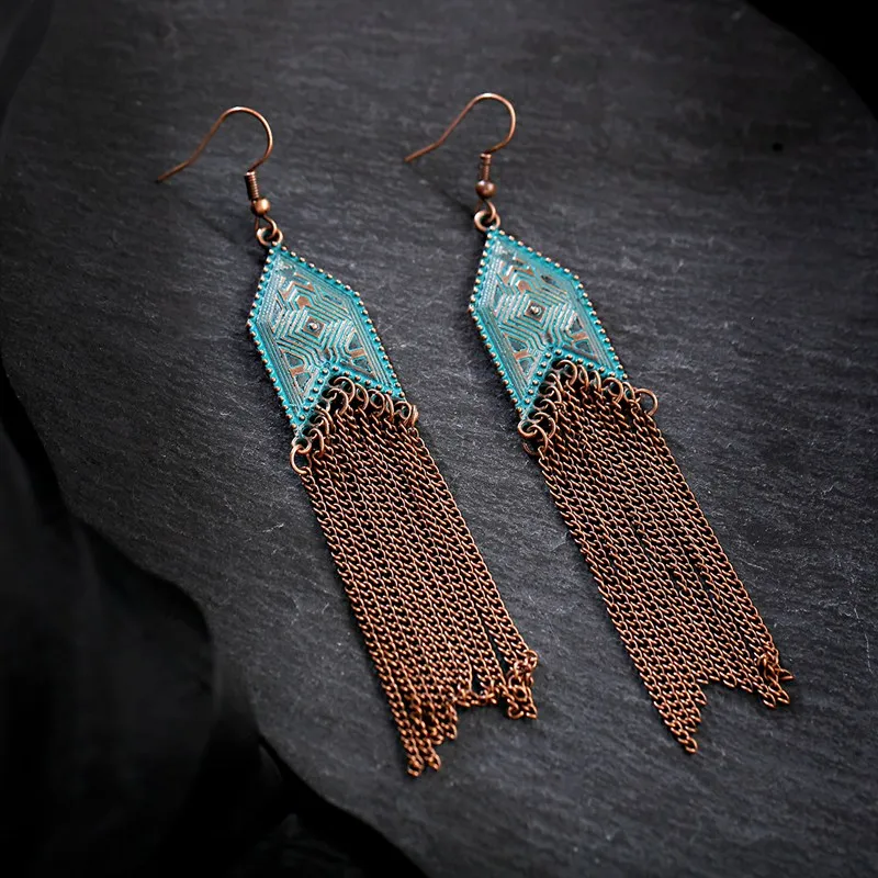 Women\'s Tassel Dangle Earrings Rhombus Alloy Long Chain Bohemia Earrings Jhumka Earrings Orecchini Etnici