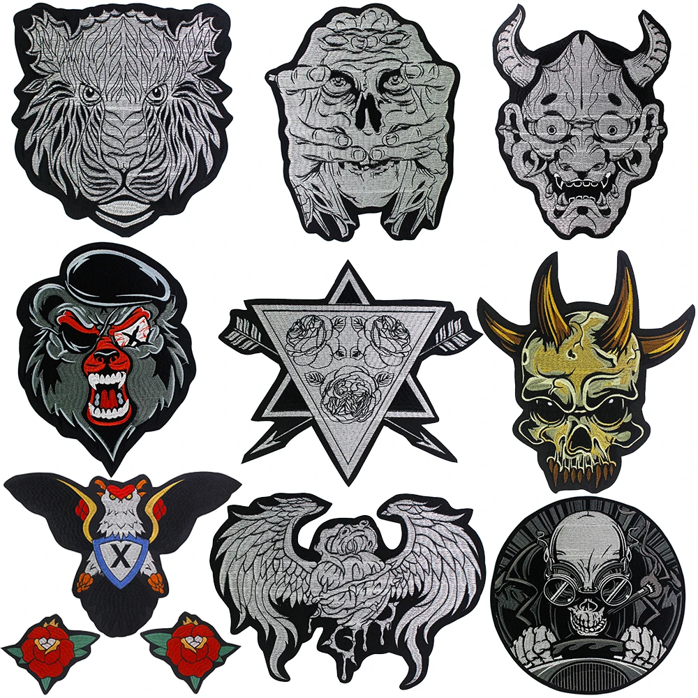 Embroidery Wolf Tiger Eagle Patch Arrow Rose Flower Applique Heart Wing Emblem Driver Skull Horn Iron on Badge 2pc