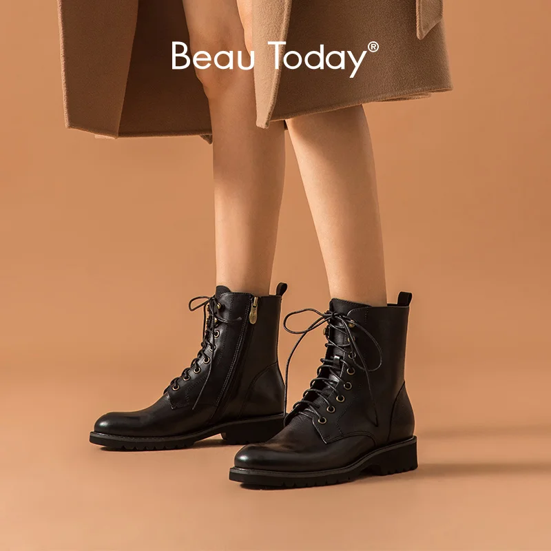 BeauToday Fashion Ankle Boots Women Genuine Cow Leather Round Toe Cross-Tied Side Zip Winter Lady Boots Handmade 03812