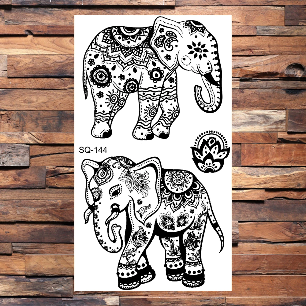 Black Elephant Henna Temporary Tattoos For Adults Men Realistic Lion Whale Wolf Scorpion Fake Tattoo Sticker Back Leg Tatoos 3D